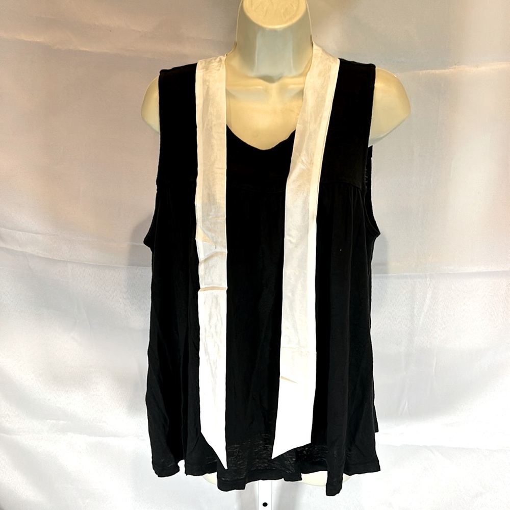 CLU Black Linen with White Silk Contrast Sleeveless Tunic L NEW